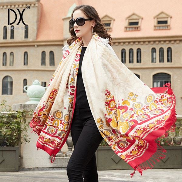 red wool shawl wrap printed