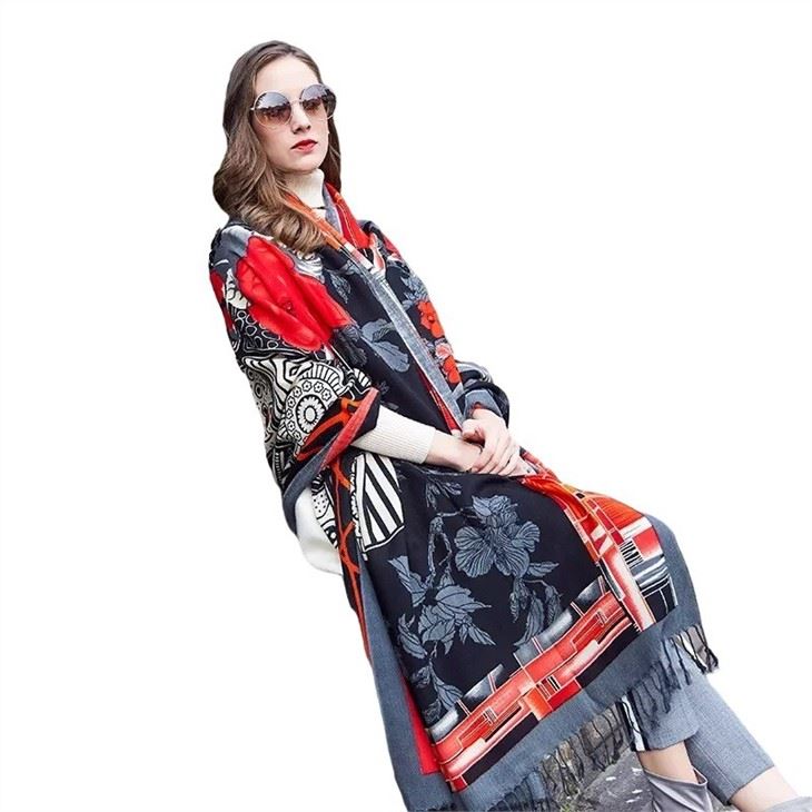 Customized Burgundy Print Cashmere Hijab Shawl