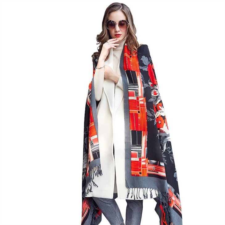 Floral Wool Cashmere Scarf With Fringe factory