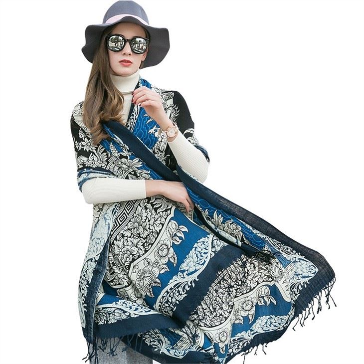 Floral Wool Cashmere Scarf With Fringe for sale