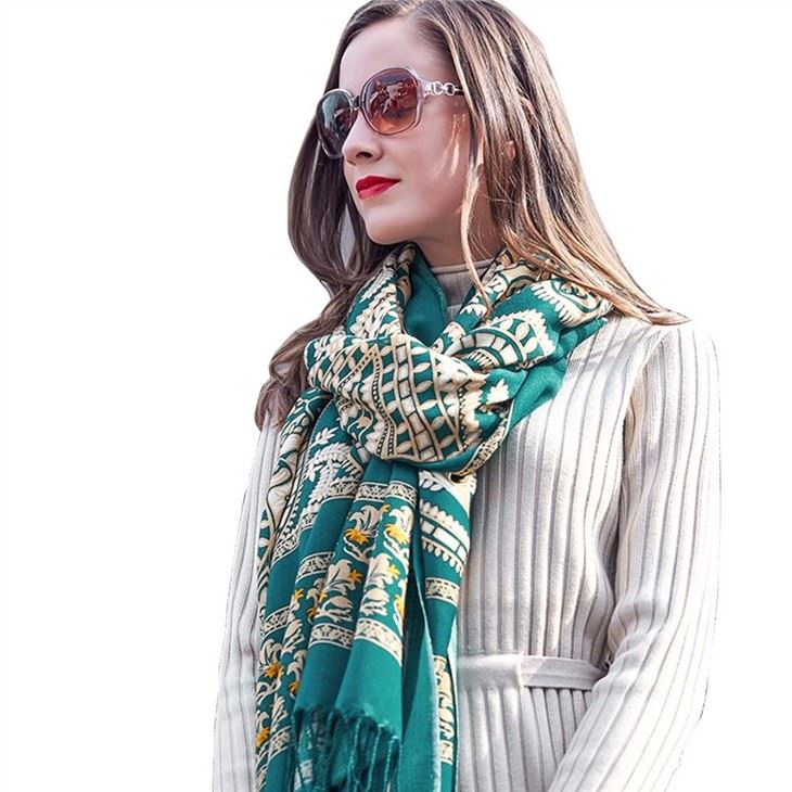 Customized Floral Wool Cashmere Scarf With Fringe