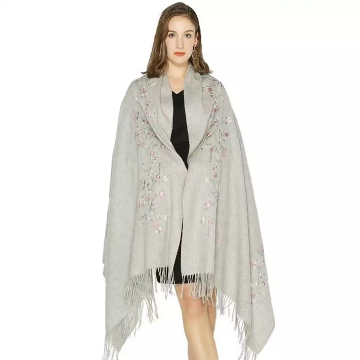 Luxury Long 100% Scarf Embroidered Wool Shawl