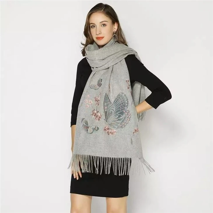 china Luxury Long 100% Scarf Embroidered Wool Shawl